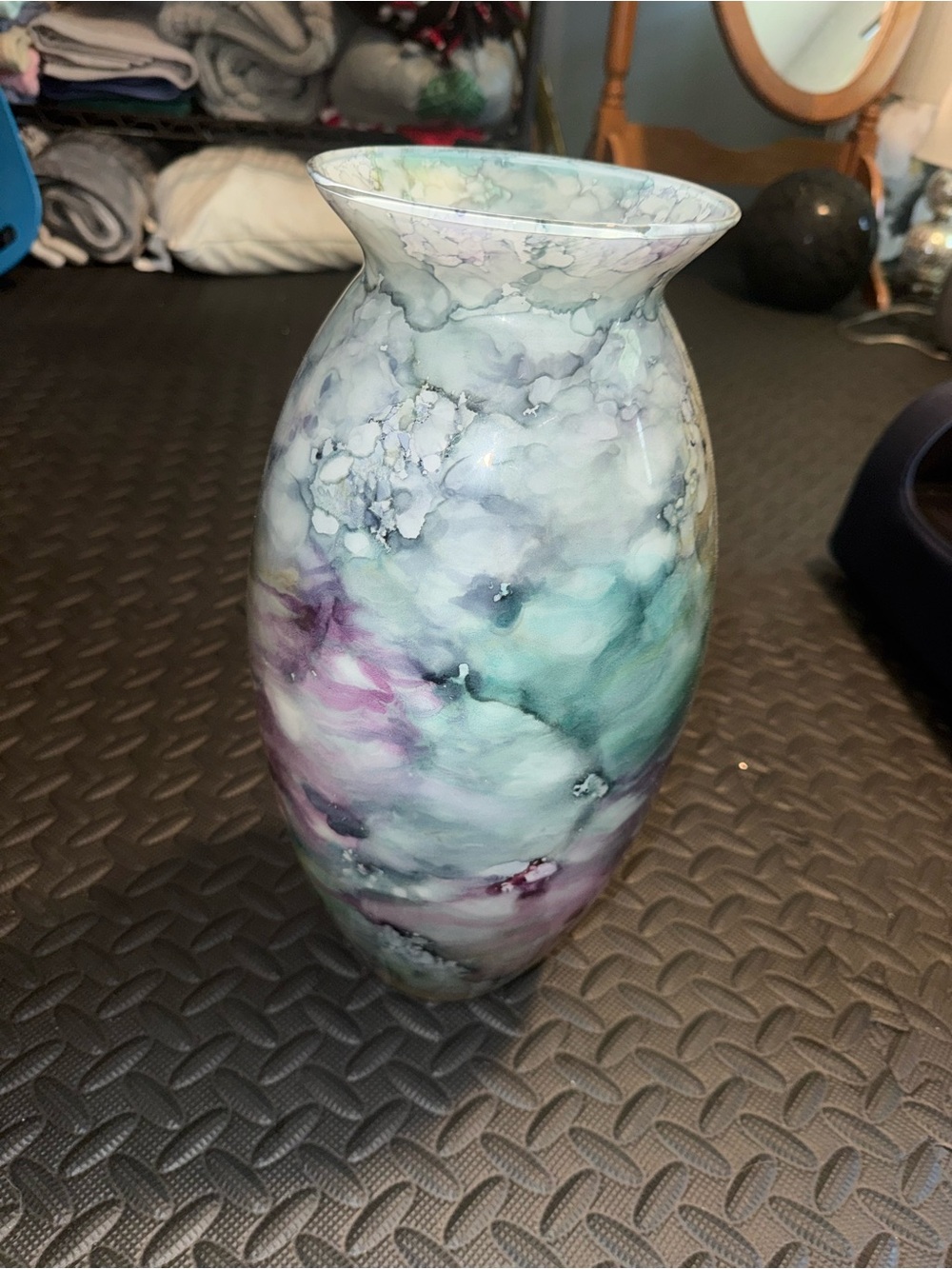 Hand-Blown Marbled Glass Vase in Teal, Purple, and Gray